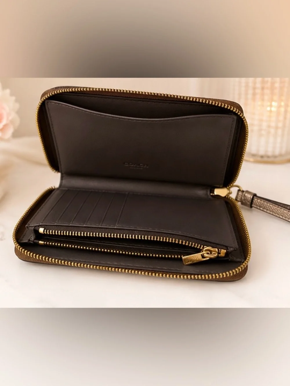 Coach Signature Brown Zip Around Wristlet Wallet with Wrist Strap